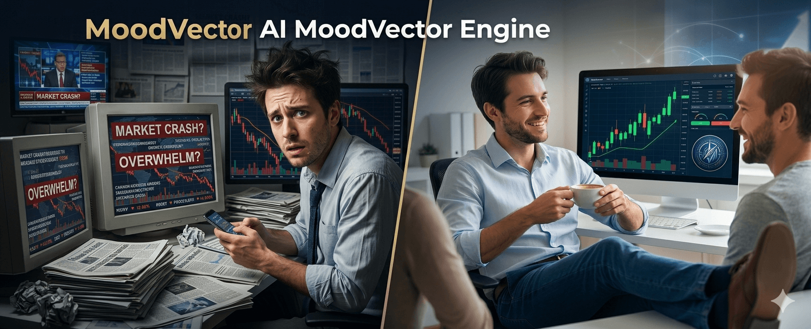 MoodVector AI narrative: overwhelmed trader vs calm data-driven trader